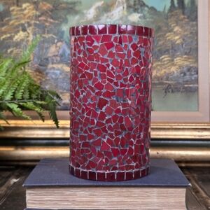 Red Mosaic Glass Cylinder Vase / Candle Holder 8" Tall Bohemian Home Decor